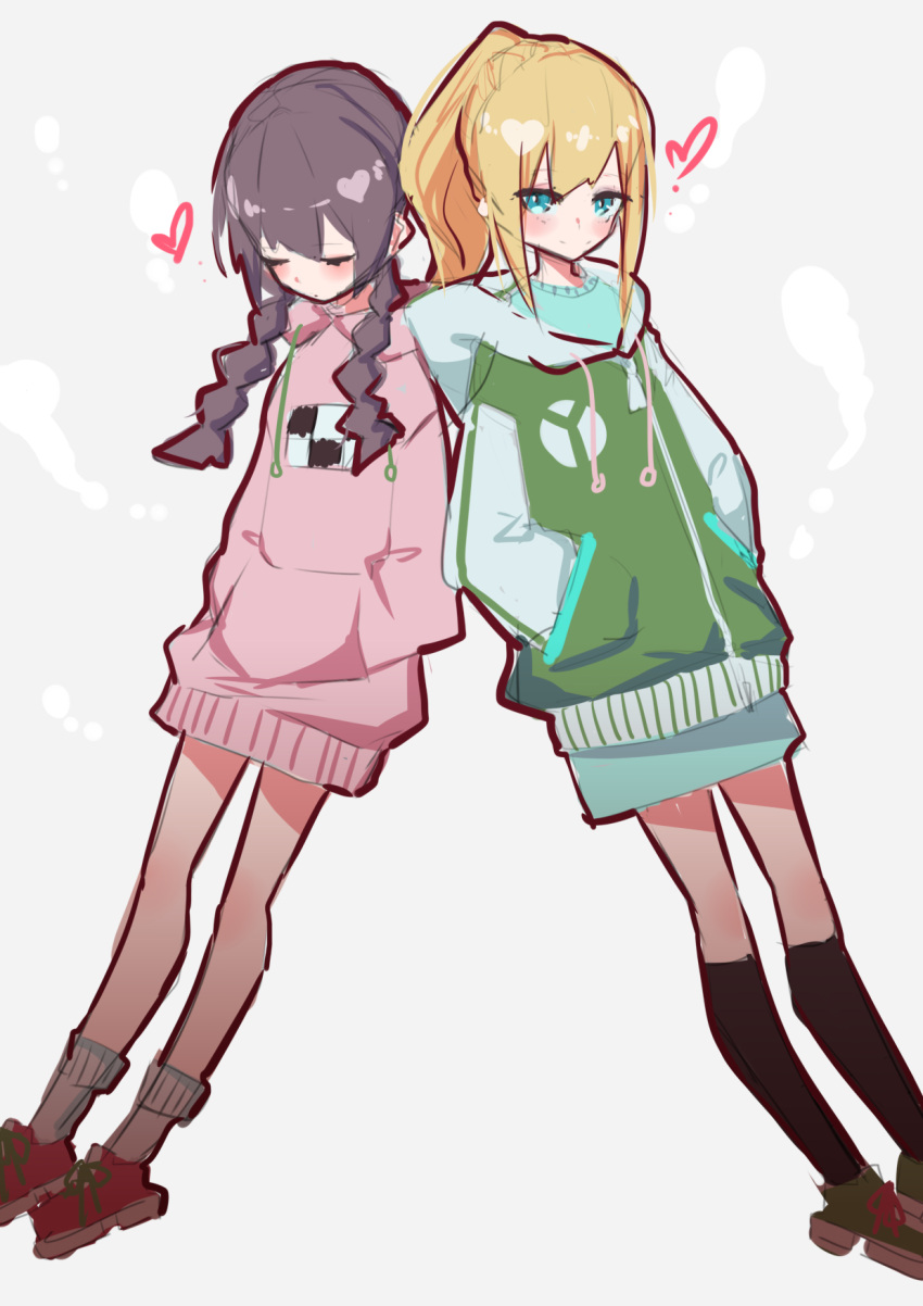 2girls aie aqua_eyes black_legwear blonde_hair blush braid brown_hair green_footwear green_jacket hands_in_pockets heart highres hood hooded_sweater jacket looking_at_viewer madotsuki multiple_girls pink_sweater poniko ponytail red_footwear shoelaces shoes side-by-side sketch smile sweater twin_braids white_legwear yume_nikki