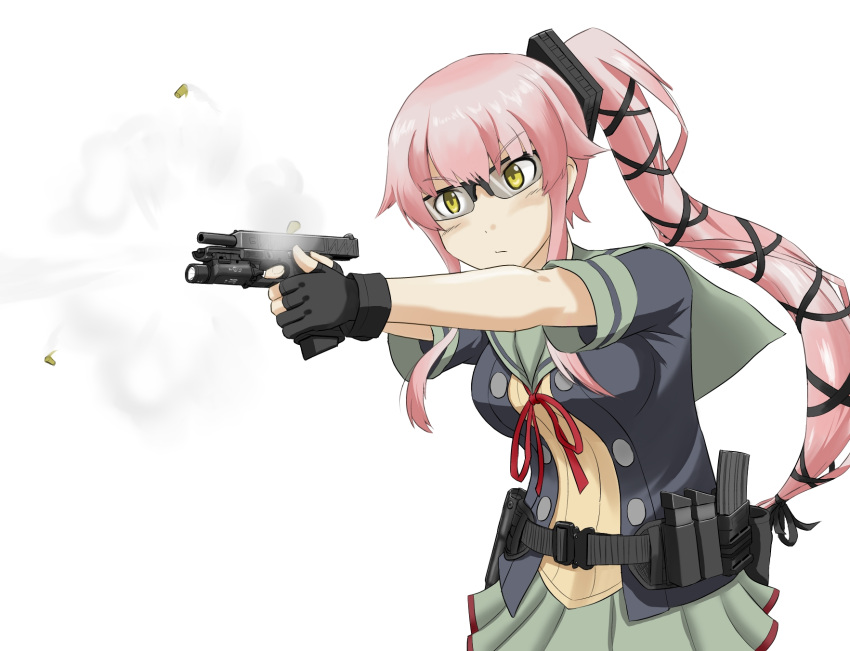 1girl ammunition belt cartridge commentary_request glasses glock gloves gun hair_flaps hair_ribbon handgun highres holding holding_weapon kantai_collection long_hair maaranto magazine_(weapon) partly_fingerless_gloves pink_hair pistol ponytail ribbon school_uniform serafuku short_sleeves simple_background skirt solo very_long_hair weapon yellow_eyes yura_(kantai_collection)