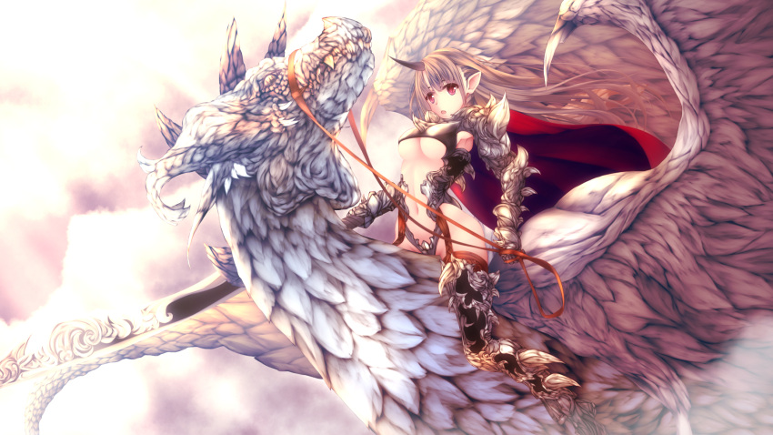 1girl alicia_(schrdingerscat) armor armpits bikini_armor black_legwear boots breasts brown_hair dragon floating_hair gauntlets groin hair_between_eyes highres horn large_breasts long_hair midriff navel original pointy_ears red_eyes riding solo stomach thigh-highs thigh_boots underwear very_long_hair