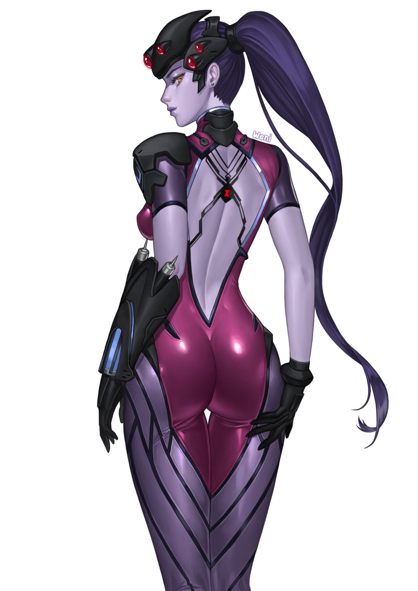 1girl arms_at_sides artist_name ass back_tattoo backless_outfit black_gloves blizzard_(company) bodysuit breasts cowboy_shot earrings gloves hair_pulled_back hand_on_ass highres jewelry karmiel lipstick long_hair looking_at_viewer looking_back makeup nose orange_eyes overwatch pauldrons pink_bodysuit ponytail profile purple_hair purple_lips purple_lipstick purple_skin skin_tight spider_tattoo standing stud_earrings tattoo thigh_gap visor white_background widowmaker_(overwatch)
