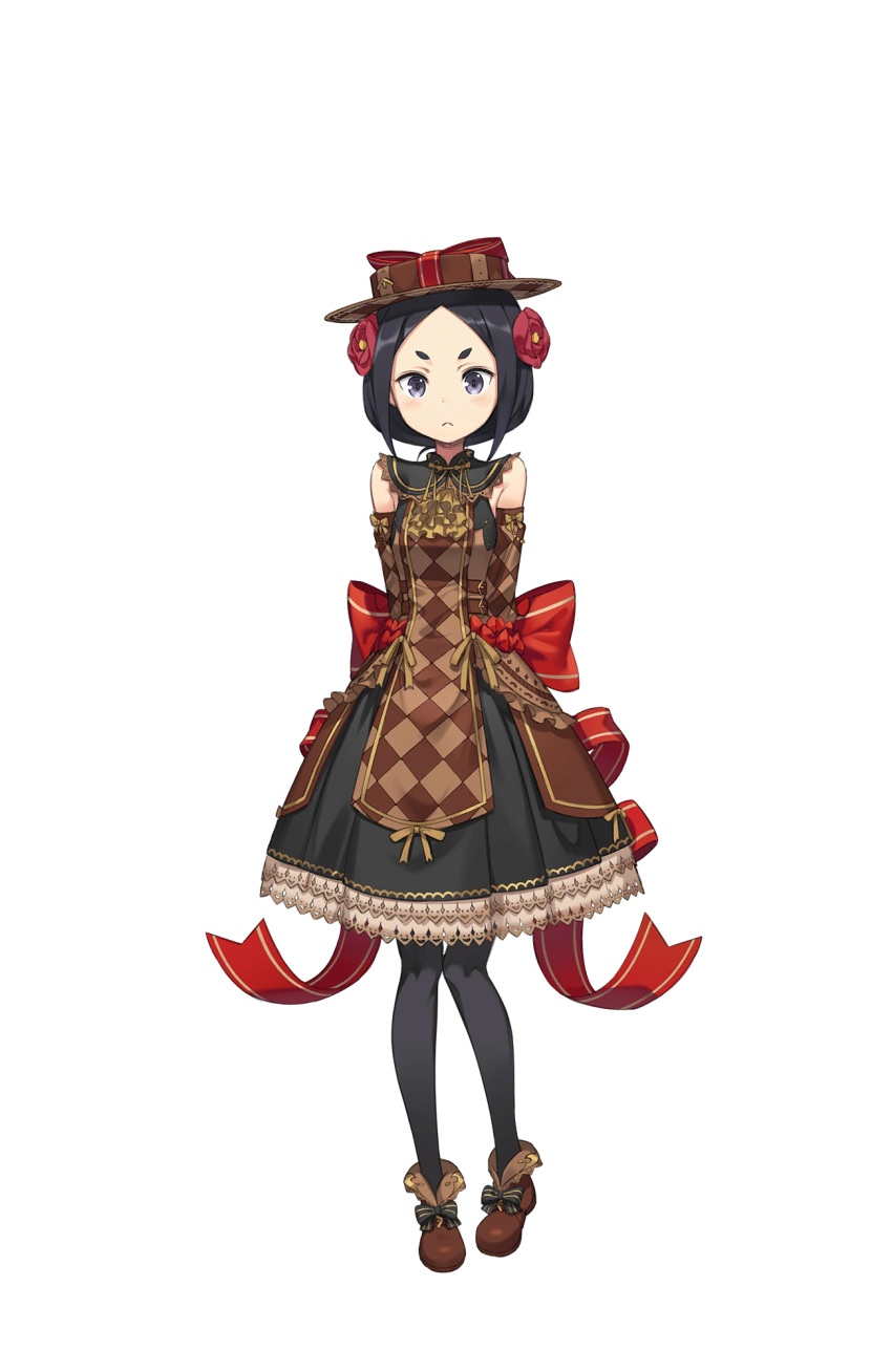 1girl argyle arms_at_sides black_dress black_eyes black_hair black_legwear brown_dress brown_footwear brown_hat dress elbow_gloves flower frown full_body gloves hair_flower hair_ornament hat highres looking_at_viewer official_art pantyhose princess_principal princess_principal_game_of_mission short_hair solo standing thick_eyebrows toudou_chise transparent_background