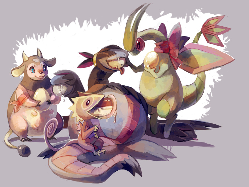 absurdres alternate_color claws commentary commission creature drooling eating egg fangs flygon flying fushigi_no_dungeon glitchedpuppet grey_background highres kecleon lying miltank neck_ribbon no_humans not_shiny_pokemon on_back pk_(pmd-explorers) pokemon pokemon_(creature) pokemon_fushigi_no_dungeon red_ribbon ribbon shadow tied_hair white_background