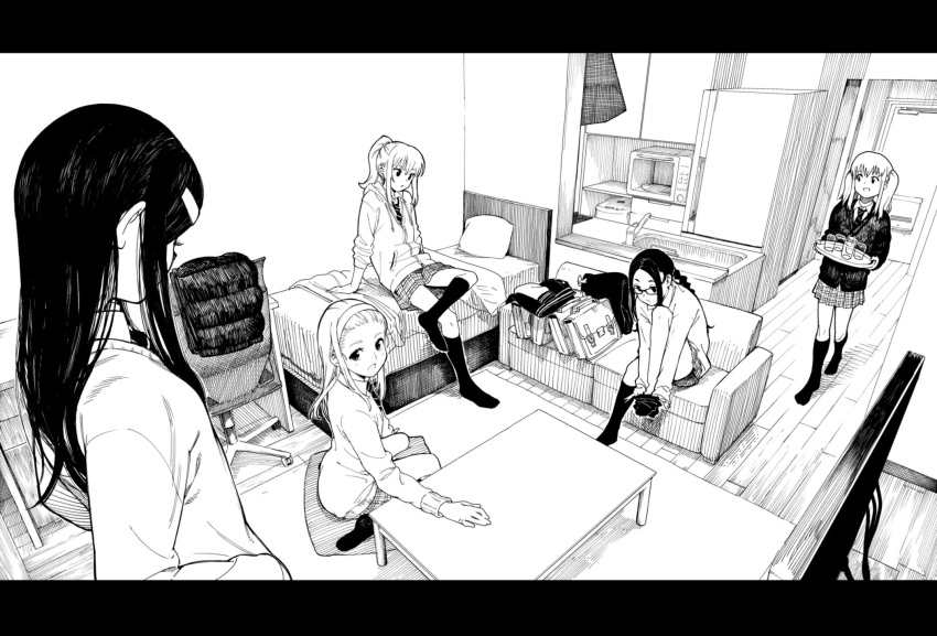 5girls :d arm_support bangs_pinned_back bed bed_sheet braid cardigan chair collared_shirt commentary_request copyright_request couch daftbonkers desk door flat_screen_tv foreshortening greyscale hairband highres holding indoors kotatsu legs_crossed letterboxed long_hair looking_at_viewer looking_back microwave monochrome multiple_girls necktie no_shoes office_chair open_mouth perspective pillow pleated_skirt ponytail refrigerator school_uniform shirt single_braid sink sitting skirt smile socks table television tray twintails undressing walking wariza wing_collar wooden_floor