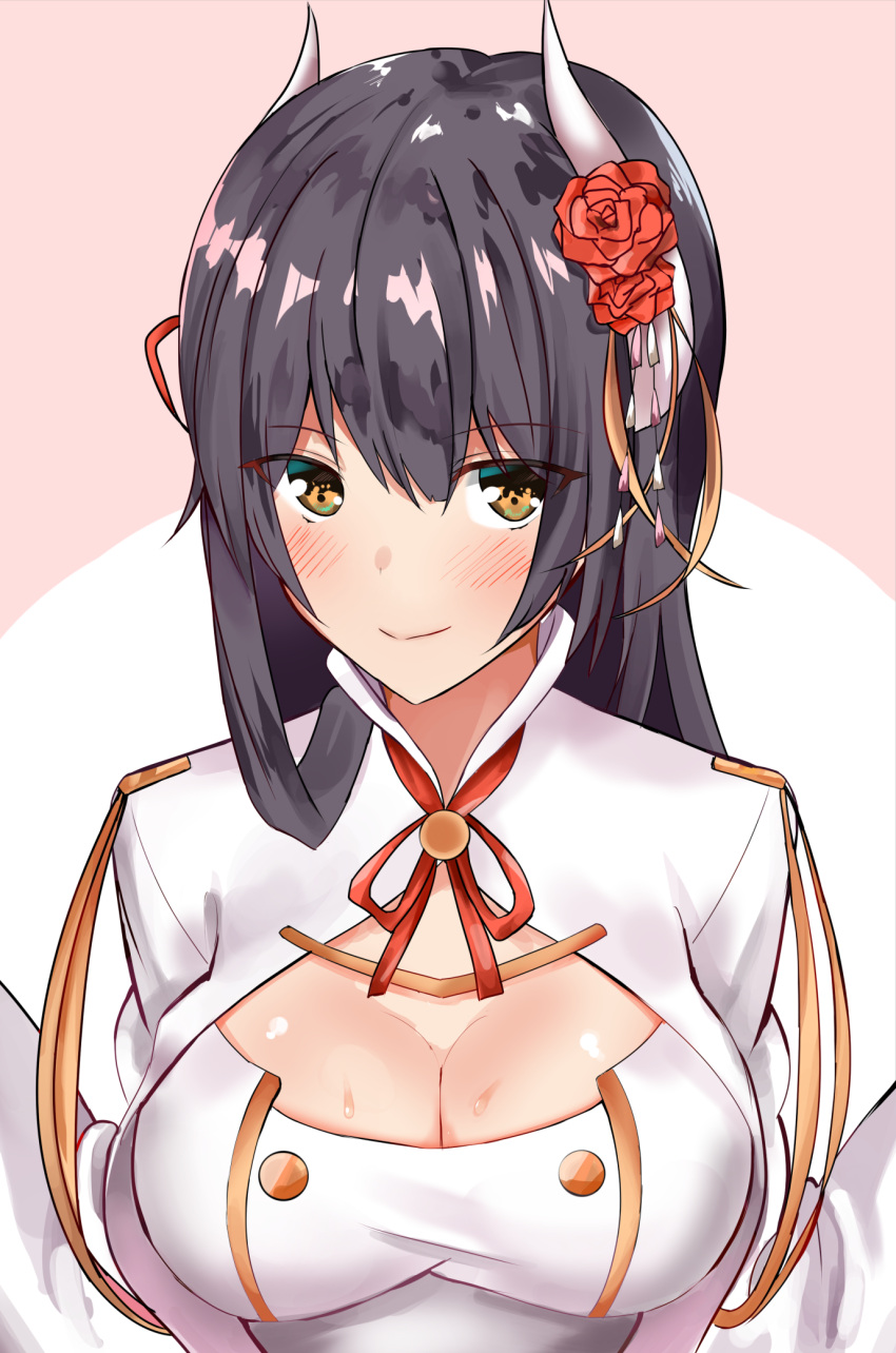 1girl azur_lane bangs benten_(ioj3446) black_hair blush breasts brown_eyes cleavage cleavage_cutout closed_mouth eyebrows_visible_through_hair flower hair_flower hair_ornament hiei_(azur_lane) highres horns large_breasts long_hair looking_at_viewer military military_uniform neck_ribbon red_flower red_neckwear red_ribbon red_rose ribbon rose shiny shiny_hair shiny_skin smile solo sweat tsurime two-tone_background uniform upper_body