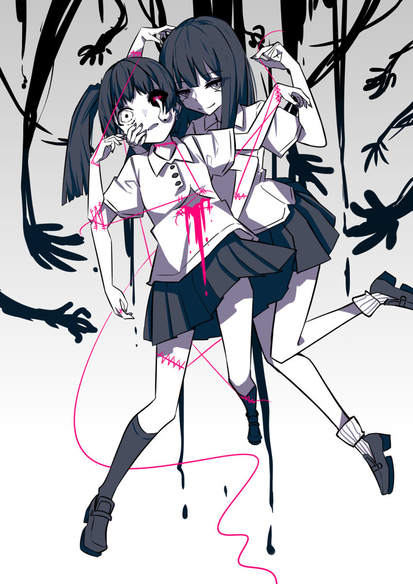 2girls aie bangs black_footwear black_hair black_legwear black_skirt blood blunt_bangs collared_shirt dripping dripping_eye extra_arms eyeball grey_eyes hand_on_another's_cheek hand_on_another's_face highres looking_at_viewer monoe monoko multiple_girls open_mouth pleated_skirt red_string shaded_face shirt shoes short_sleeves skirt smile socks spot_color stitches string twintails white_legwear white_shirt white_skin yume_nikki