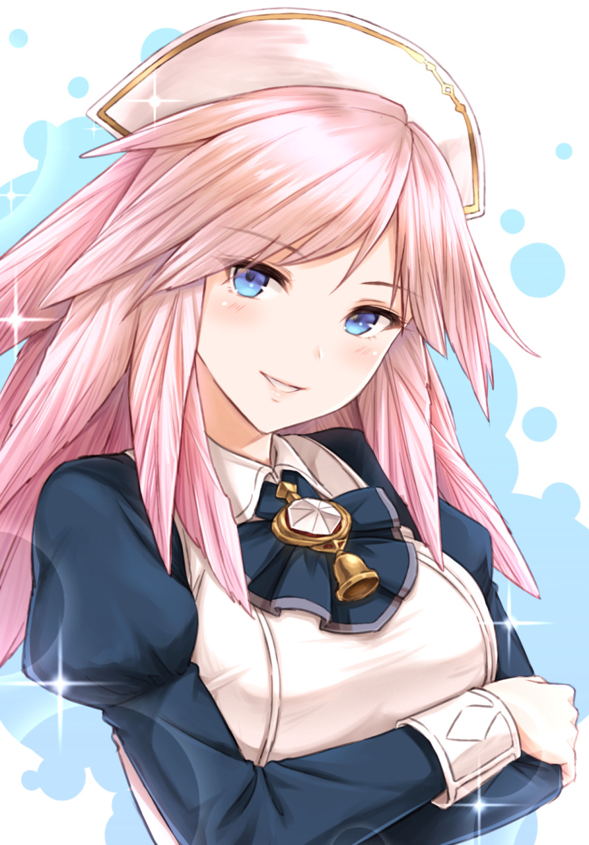 1girl crossed_arms eyebrows_visible_through_hair gabriel_(granblue_fantasy) granblue_fantasy head_tilt headdress highres long_hair long_sleeves looking_at_viewer parted_lips pink_hair puffy_long_sleeves puffy_sleeves smile solo sparkle tomo_(user_hes4085)