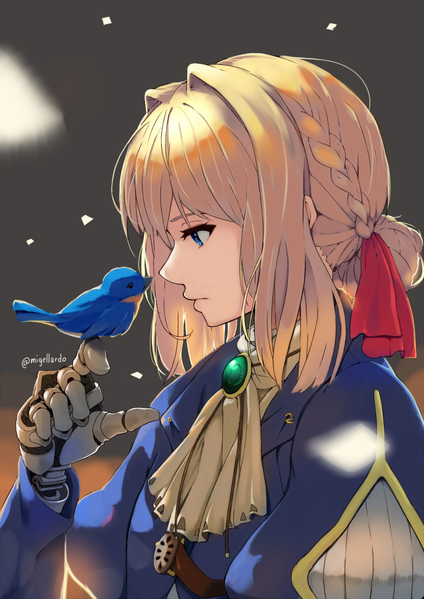 1girl ascot bangs bird bird_on_hand blonde_hair blue_eyes blue_jacket bow braid closed_mouth commentary_request from_side hair_bow hair_intakes highres jacket juliet_sleeves kion-kun long_sleeves looking_at_viewer mechanical_arms profile puffy_sleeves red_bow short_hair solo upper_body violet_evergarden violet_evergarden_(character)