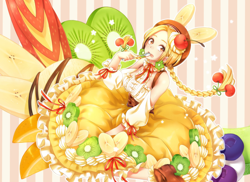 1girl animal_ears banana_slice blonde_hair blueberry braid brown_eyes brown_footwear brown_hat cherry corset cropped_legs detached_sleeves fake_animal_ears food food_themed_hair_ornament frills fruit hair_ornament hat highres holding holding_spoon ice_cream kitazume_kumie kiwifruit long_hair looking_at_viewer melon orange orange_slice original personification shoes skirt solo striped striped_background vertical-striped_background vertical_stripes whipped_cream yellow_skirt