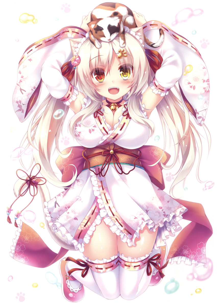 1girl absurdres animal animal_on_head bell bell_collar breasts cat cat_on_head cleavage collar detached_sleeves floating_hair frilled_kimono frilled_legwear frills full_body highres japanese_clothes kimono large_breasts long_hair obi on_head ribbon-trimmed_sleeves ribbon-trimmed_thighhighs ribbon_trim sash short_kimono silver_hair sleeveless sleeveless_kimono solo syroh thigh-highs very_long_hair white_background white_kimono white_legwear zettai_ryouiki