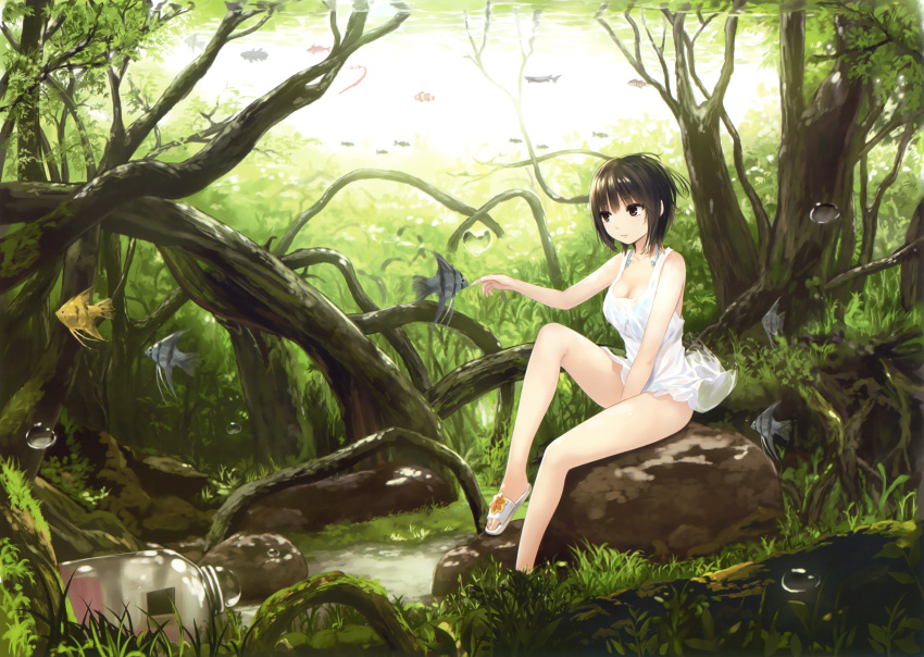 1girl absurdres aoyama_sumika black_hair bottomless breasts brown_eyes cleavage coffee-kizoku collarbone day fish forest highres medium_breasts nature original outdoors shirt short_hair sitting sleeveless sleeveless_shirt solo white_shirt