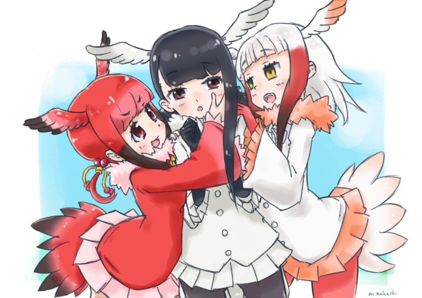 3girls bangs bird_tail bird_wings black-headed_ibis_(kemono_friends) black_eyes black_hair braid elbow_gloves eyebrows_visible_through_hair fur_collar girl_sandwich gloves gradient_hair hair_ornament hand_on_another's_face head_wings japanese_crested_ibis_(kemono_friends) kemono_friends long_sleeves multicolored_hair multiple_girls neck_ribbon open_mouth pantyhose pleated_skirt red_eyes redhead ribbon sandwiched scarlet_ibis_(kemono_friends) short_hair_with_long_locks skirt twintails white_hair wings yellow_eyes yonaka-nakanoma