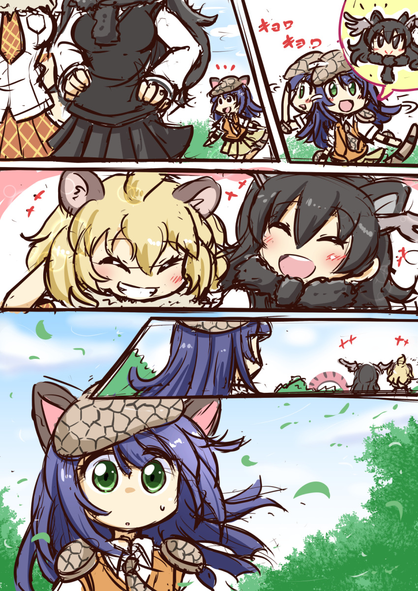 3girls afterimage animal_ears antlers armadillo_ears armadillo_tail armor blonde_hair blue_hair blush brown_hair chibi_inset closed_eyes closed_mouth comic deerstalker elbow_pads giant_armadillo_(kemono_friends) hat highres kemono_friends lion_(kemono_friends) lion_ears long_hair moose_(kemono_friends) moose_ears multiple_girls necktie open_eyes open_mouth pleated_skirt scarf sekiguchi_miiru skirt sweater sweater_vest translation_request vest