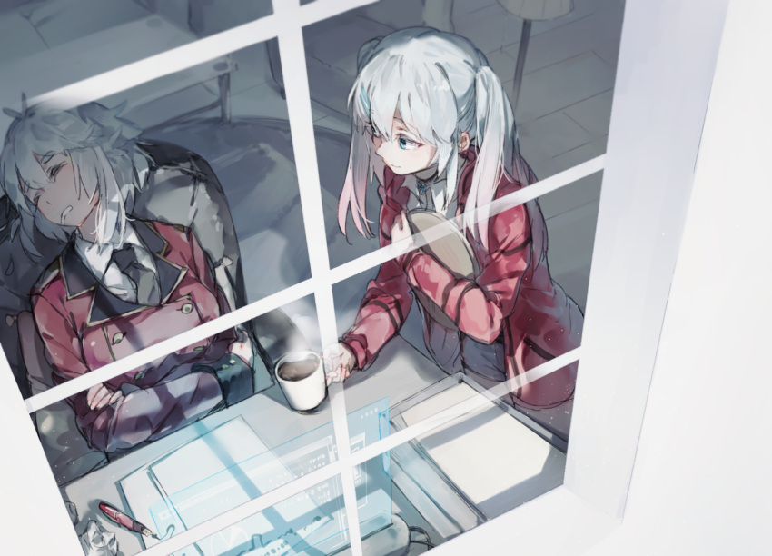 2girls alternate_costume aqua_eyes artist_self-insert bangs blue_shorts breasts buttons chair choker coffee_mug collared_shirt couch crossed_arms cuff_links cup double-breasted drooling dust_particles eyebrows_visible_through_hair female_commander_(girls_frontline) fountain_pen from_above from_outside girls_frontline hair_between_eyes hair_ornament hairclip head_tilt holding holding_mug holding_tray holographic_monitor jacket lamp long_hair looking_at_another lwmmg_(girls_frontline) military military_jacket military_uniform mug multicolored_hair multiple_girls open_mouth paper pen pillow shirt short_shorts shorts shuzi sidelocks silver_hair sitting sleeping sleeping_upright smile steam table thick_eyebrows tray twintails two-tone_hair uniform white_shirt window