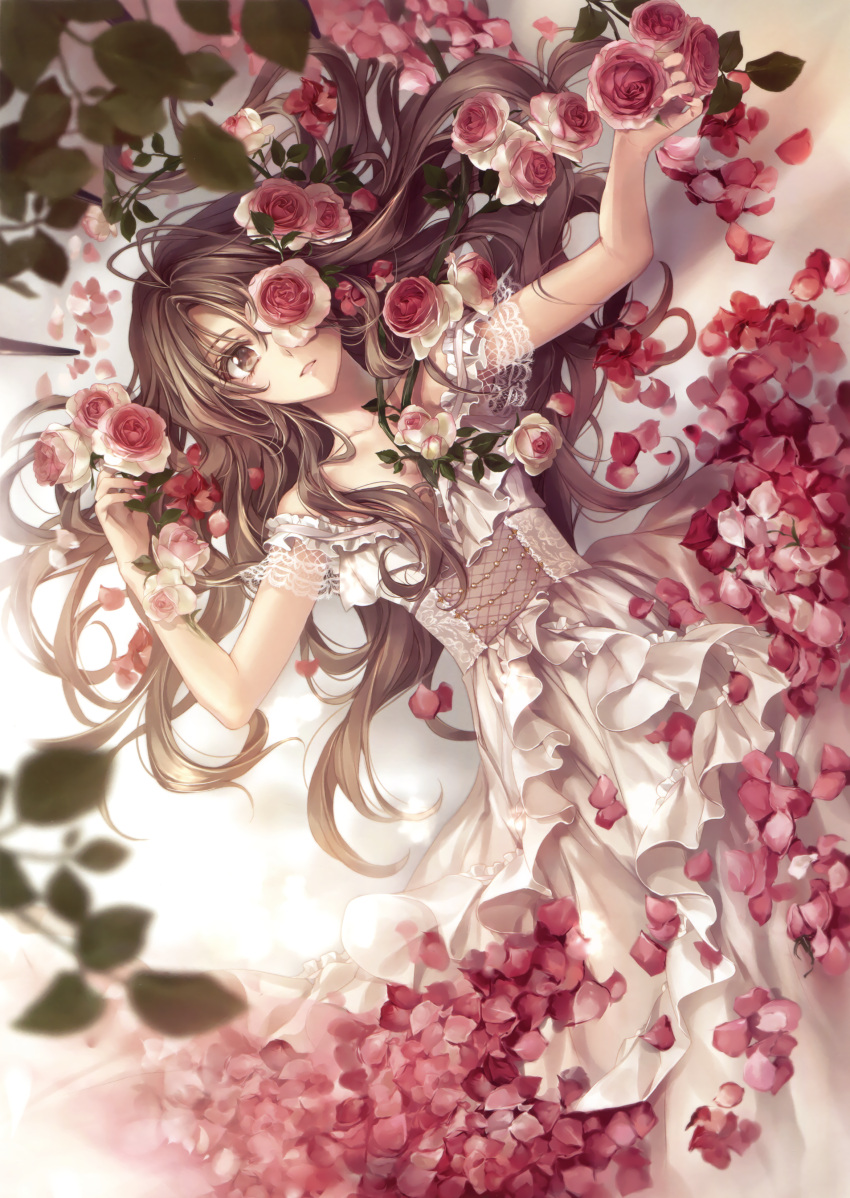 1girl absurdres brown_eyes brown_hair collarbone dress flower flower_on_head from_above hagiwara_rin hair_between_eyes highres layered_dress long_hair looking_at_viewer lying on_back original parted_lips red_flower sleeveless sleeveless_dress solo very_long_hair white_dress