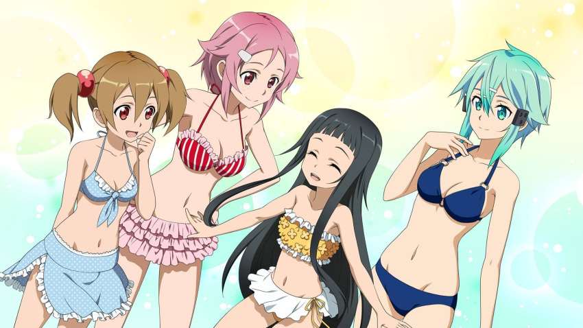 4girls :d aqua_eyes aqua_hair arm_behind_back bikini bikini_skirt black_hair blue_bikini blue_skirt breasts brown_hair cleavage closed_eyes collarbone frilled_bikini frills groin hair_between_eyes hair_ornament hairclip hand_on_hip highres layered_skirt lisbeth medium_breasts midriff multiple_girls navel open_mouth pink_hair pink_skirt red_bikini_top red_eyes shinon_(sao) short_hair short_hair_with_long_locks side-tie_bikini sideboob sidelocks silica skirt small_breasts smile stomach swimsuit sword_art_online twintails vertical-striped_bikini_top violet_eyes yellow_bikini yui_(sao)