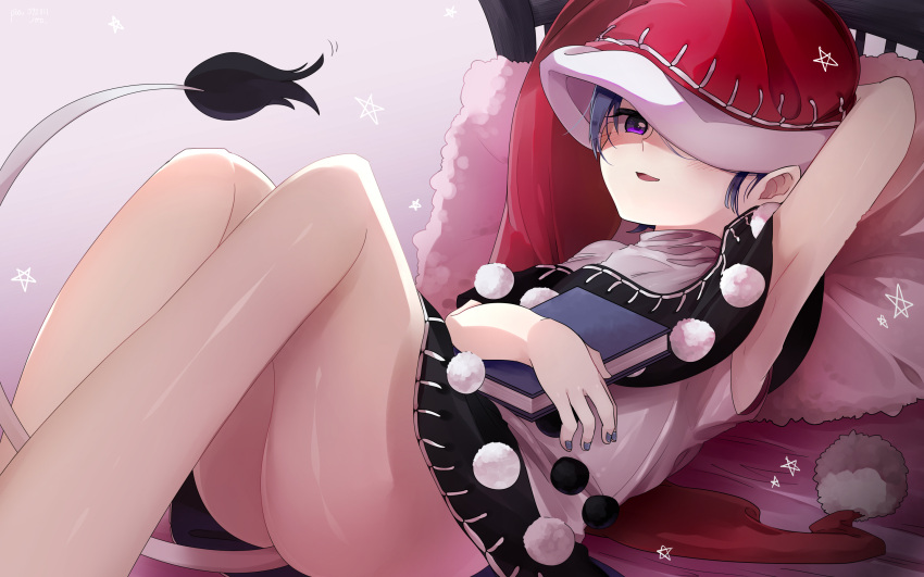 1girl armpits asuku_(69-1-31) bed blue_hair blue_nails blush book doremy_sweet dress hair_over_one_eye hat highres looking_at_viewer nail_polish nightcap no_panties open_mouth pillow pink_bed_sheet pom_pom_(clothes) smile solo tail tapir_tail thighs touhou violet_eyes