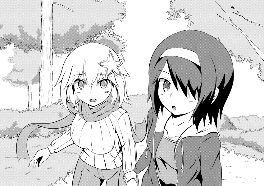 2girls :o black_hair bush chisaki_tapris_sugarbell collarbone commentary_request cropped_legs denim flower gabriel_dropout hair_flower hair_ornament hair_over_one_eye headband highres holding_hand hood hoodie ishii_seaki jeans kurona_(gabriel_dropout) long_sleeves monochrome multiple_girls outdoors pants scarf short_hair sweater tree tsurime