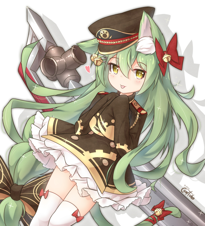 1girl :p absurdres akashi_(azur_lane) animal_ears azur_lane bangs bell black_bow blush bow braid brown_dress brown_hat cat_ears closed_mouth commentary_request coreytaiyo dated dress eyebrows_visible_through_hair green_hair hair_bell hair_between_eyes hair_bow hair_ornament hands_up hat heart highres jingle_bell long_hair long_sleeves looking_at_viewer military_hat peaked_cap red_bow sidelocks signature sleeves_past_fingers sleeves_past_wrists solo tail tail_bell tail_bow thigh-highs tongue tongue_out very_long_hair white_background white_legwear yellow_eyes