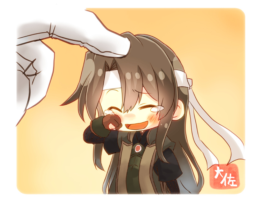 1girl ^_^ ^o^ admiral_(kantai_collection) artist_name brown_gloves closed_eyes crying gloves grey_hair hair_between_eyes japanese_clothes kantai_collection long_hair long_sleeves minigirl open_mouth partly_fingerless_gloves remodel_(kantai_collection) smile solo_focus taisa_(kari) tears white_headband yugake zuikaku_(kantai_collection)