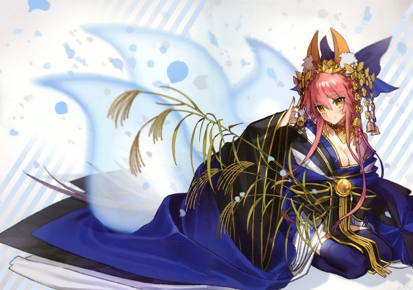 1girl absurdres animal_ears blue_bow blue_legwear bow breasts brown_eyes cleavage eyebrows_visible_through_hair fate/grand_order fate_(series) fox_ears fox_tail hair_between_eyes hair_bow head_tilt highres japanese_clothes kimono kneeling large_breasts looking_at_viewer multiple_tails petals redhead short_hair_with_long_locks sidelocks solo tail tamamo_(fate)_(all) tamamo_no_mae_(fate) thigh-highs wada_aruko