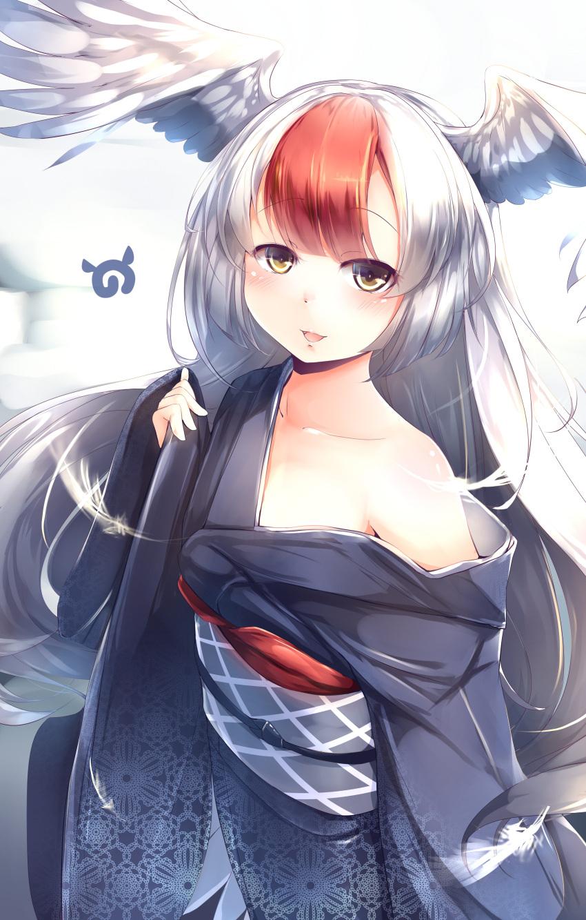 1girl :d absurdres collarbone commentary_request feathers headband highres japanese_clothes jewelry kanzakietc kemono_friends kimono long_hair long_sleeves looking_at_viewer multicolored_hair obi off_shoulder open_mouth red-crowned_crane_(kemono_friends) redhead sash silver_hair single_bare_shoulder smile solo wide_sleeves yellow_eyes