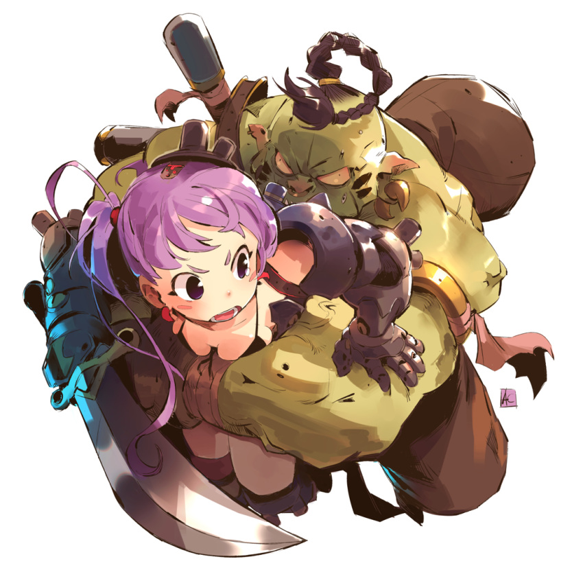 1boy 1girl andrea_cofrancesco bangs black_bra blush_stickers boots bra braid breasts brown_hair gauntlets green_skin holding holding_sword holding_weapon long_hair medium_breasts muscle open_mouth orc original purple_hair rape_face restrained scimitar signature simple_background sword tears twintails underwear violet_eyes weapon white_background