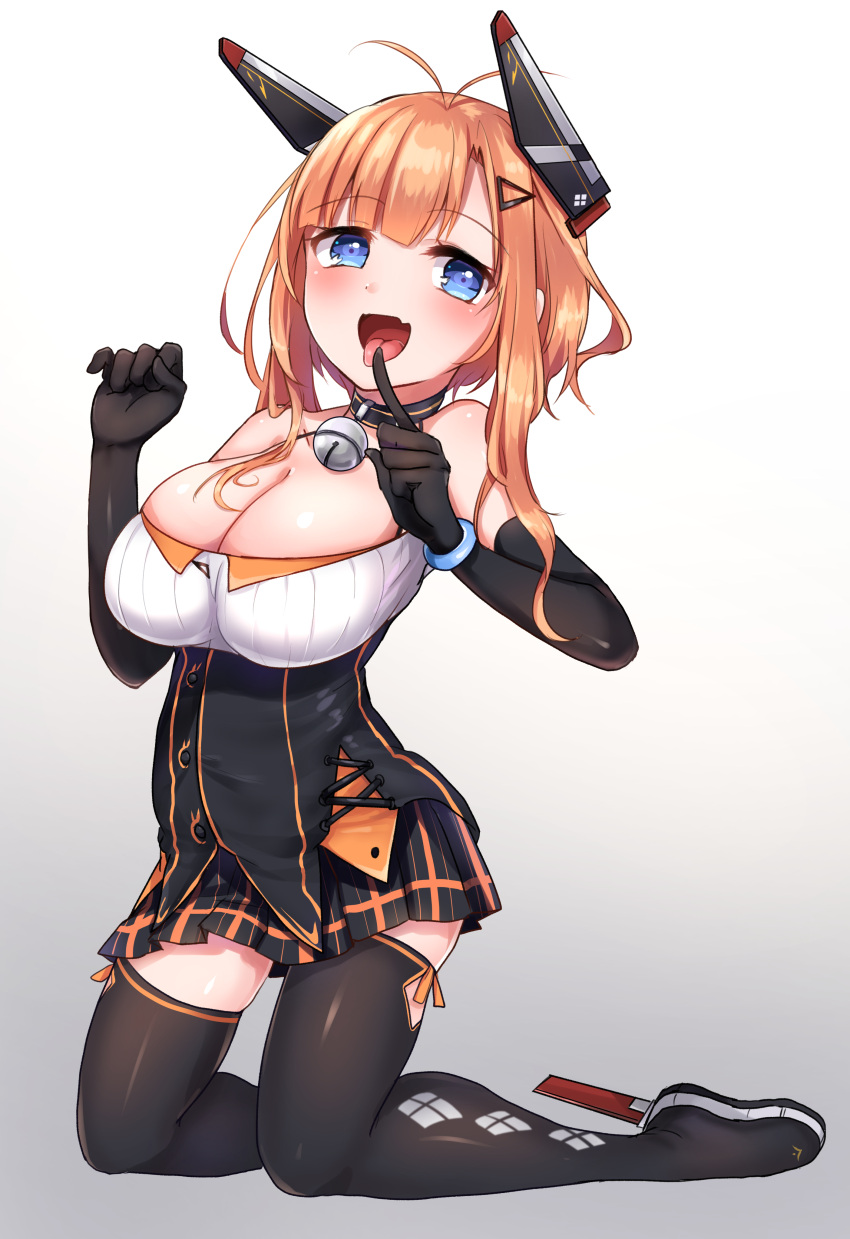 1girl absurdres azur_lane bell blue_eyes blush boots breasts cleavage fang foxhound_(azur_lane) gloves hair_ornament hairclip highres kneeling large_breasts looking_at_viewer open_mouth orange_hair remodel_(azur_lane) simple_background solo thigh-highs thigh_boots umishima_rinta