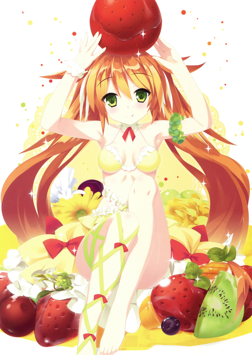 1girl absurdres arm_strap armpits barefoot blush bow bra breasts choker cleavage eyebrows_visible_through_hair floating_hair food food_on_head frilled_bra frills fruit fruit_on_head green_eyes green_ribbon hair_between_eyes highres kannagi_rei layered_skirt leg_ribbon long_hair object_on_head orange_hair red_bow ribbon sitting small_breasts solo strawberry twintails underwear very_long_hair white_background wrist_cuffs yellow_bra