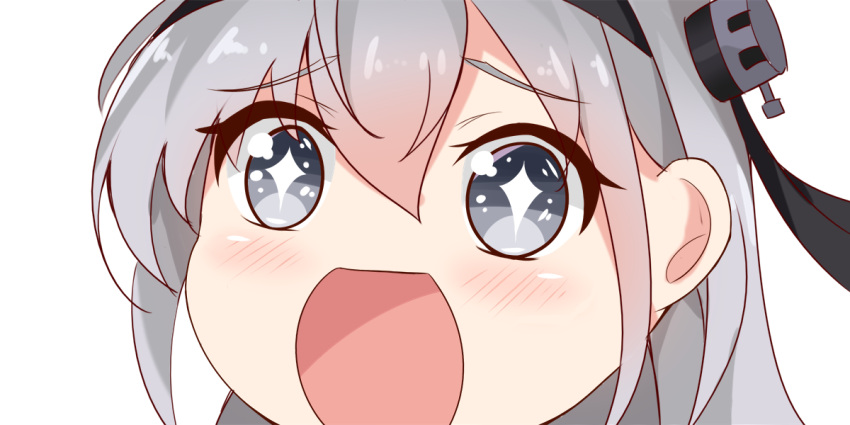 +_+ 1girl close-up eyebrows_visible_through_hair grey_eyes hair_ornament headband kantai_collection long_hair looking_at_viewer nahaki no_nose one_side_up open_mouth silver_hair simple_background solo sparkling_eyes suzutsuki_(kantai_collection) symbol-shaped_pupils white_background