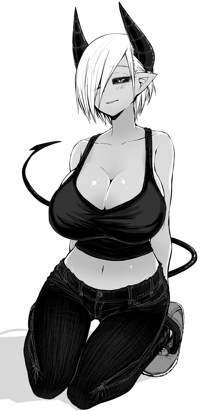 1girl absurdres bare_shoulders black_sclera breasts cleavage commentary_request dark_skin demon_girl demon_horns demon_tail denim eyebrows_visible_through_hair full_body hair_over_one_eye highres horns huge_breasts jeans kneeling looking_at_viewer midriff monochrome musuko_ga_kawaikute_shikatanai_mazoku_no_hahaoya navel one_eye_covered pants pointy_ears shoes short_hair simple_background solo tail tank_top teresa_(musuko_ga_kawaikute_shikatanai_mazoku_no_hahaoya) thukimidanngo white_background