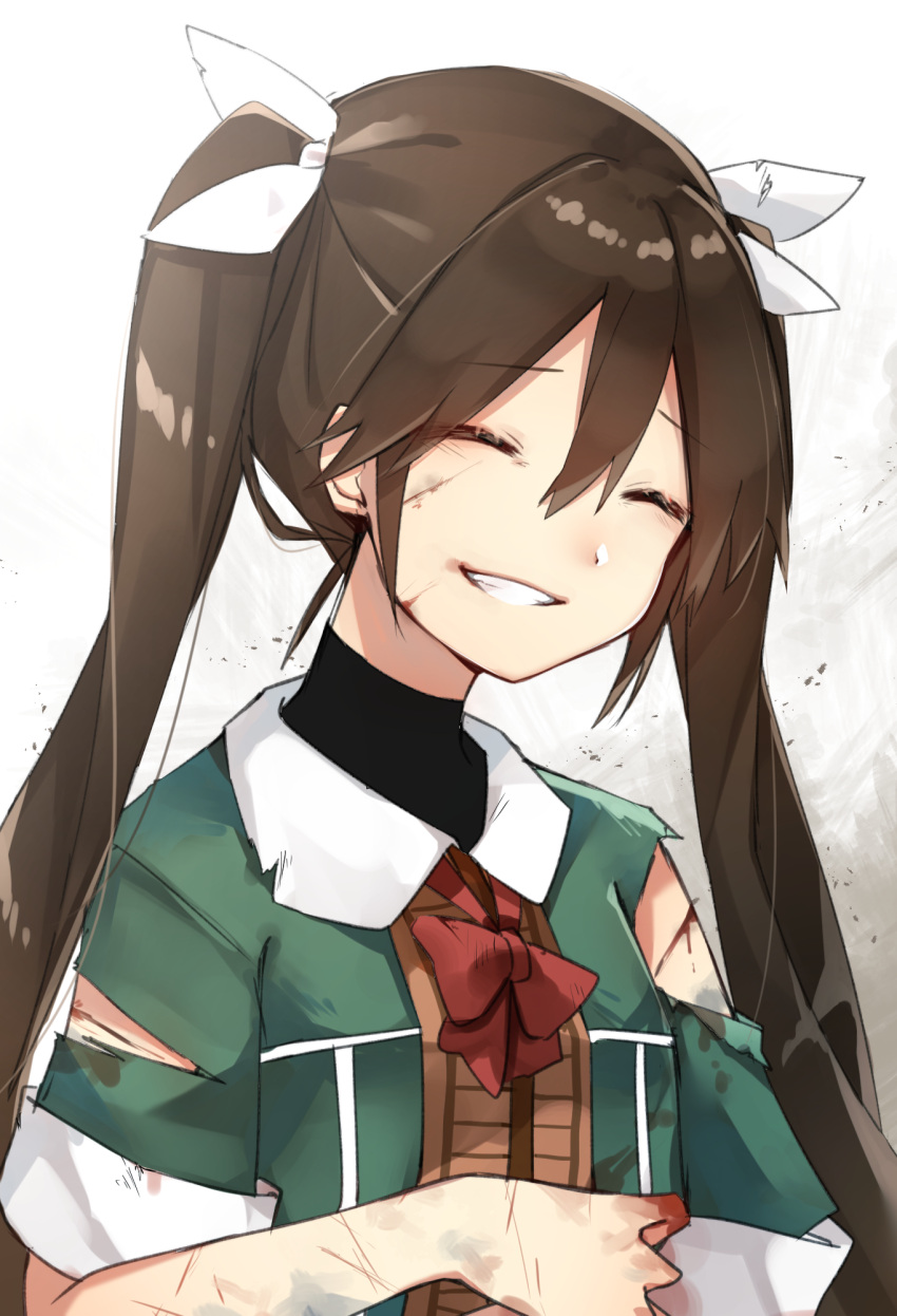 1girl bangs blood blood_on_face brown_hair closed_eyes eyebrows_visible_through_hair grin hair_between_eyes hair_ribbon highres injury kantai_collection katsuobushi_(eba_games) long_hair red_neckwear remodel_(kantai_collection) ribbon scratches short_sleeves smile solo teeth tone_(kantai_collection) torn_clothes torn_sleeves twintails upper_body white_background white_ribbon