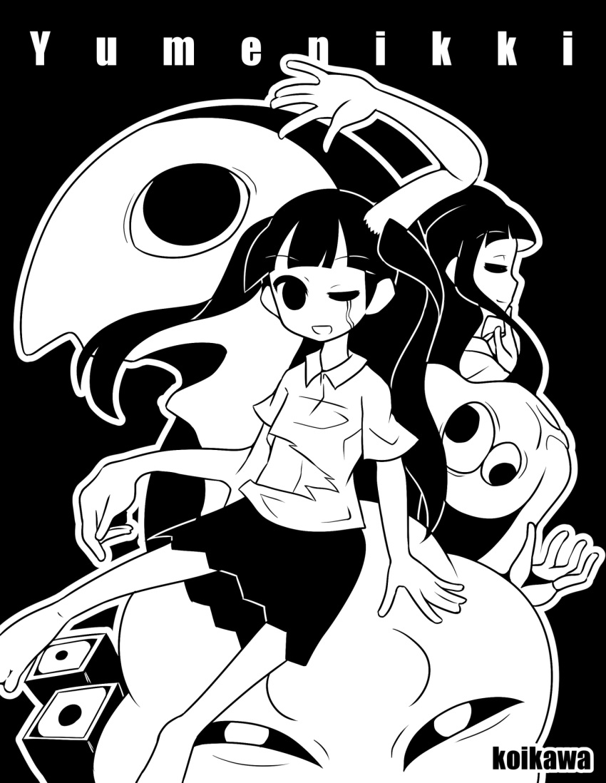 2girls bangs barefoot black_background blunt_bangs closed_eyes collared_shirt commentary_request copyright_name extra_arms fisheye greyscale highres koikawa_hayato long_hair looking_at_viewer monochrome monoe monoko monster multiple_girls no_nose one_eye_closed open_mouth original shirt short_sleeves skirt strabismus twintails wall-eyed yume_nikki yume_nikki_dream_diary
