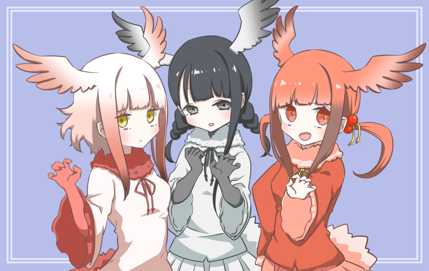 3girls :&gt; bird_tail bird_wings black-headed_ibis_(kemono_friends) black_eyes black_hair braid elbow_gloves fur_collar gloves gradient_hair hair_ornament head_wings highres japanese_crested_ibis_(kemono_friends) kemono_friends long_sleeves multicolored_hair multiple_girls neck_ribbon open_mouth petit_ramune pleated_skirt red_eyes redhead ribbon scarlet_ibis_(kemono_friends) short_hair_with_long_locks skirt twintails white_hair wings yellow_eyes