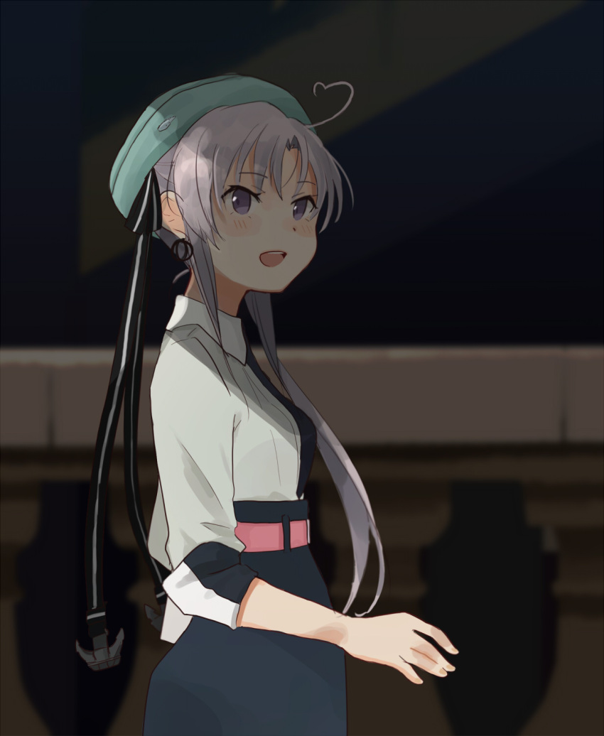 1girl :d ahoge akitsushima_(kantai_collection) alternate_costume annin_musou black_ribbon commentary earrings green_hat hat highres jewelry kantai_collection long_hair open_mouth purple_hair ribbon side_ponytail smile solo violet_eyes