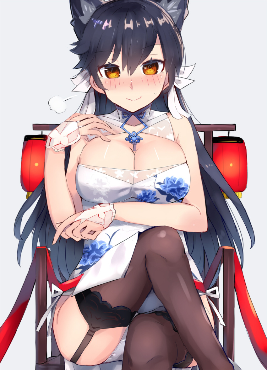 1girl alternate_costume atago_(azur_lane) azur_lane bangs bare_shoulders black_hair black_legwear blush breasts brown_eyes china_dress chinese_clothes cleavage closed_mouth commentary_request cosplay dated dress embarrassed eyebrows_visible_through_hair garter_straps gloves hair_between_eyes hair_ribbon highres large_breasts long_hair looking_at_viewer open_mouth panties pantyshot ponytail ribbon shiny shiny_hair shiny_skin simple_background sitting solo st._louis_(azur_lane) st._louis_(azur_lane)_(cosplay) thigh-highs two_side_up underwear wariza white_background white_gloves xenonstriker