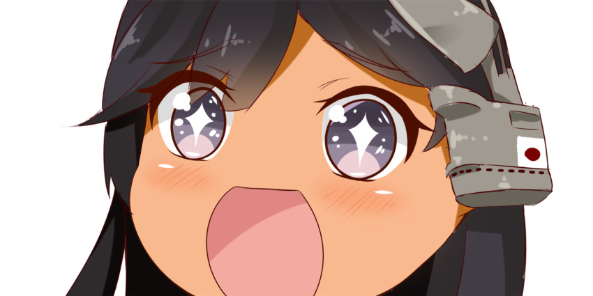 +_+ 1girl black_hair close-up eyebrows_visible_through_hair headgear i-400_(kantai_collection) kantai_collection long_hair looking_at_viewer nahaki no_nose open_mouth simple_background solo sparkling_eyes symbol-shaped_pupils tan violet_eyes white_background