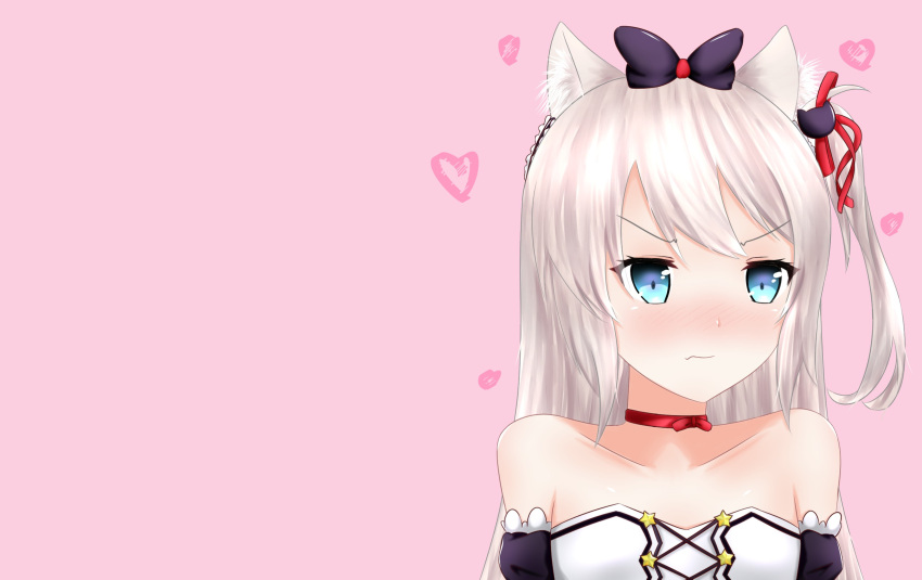 1girl animal_ears azur_lane bare_shoulders black_bow black_dress blue_eyes blush bow cat_ears cat_hair_ornament choker collarbone commentary dress hair_bow hair_ornament hair_ribbon hammann_(azur_lane) heart highres long_hair looking_away looking_to_the_side nose_blush off-shoulder_dress off_shoulder one_side_up pink_background red_choker red_ribbon remodel_(azur_lane) ribbon silver_hair simple_background solo very_long_hair yuujoduelist