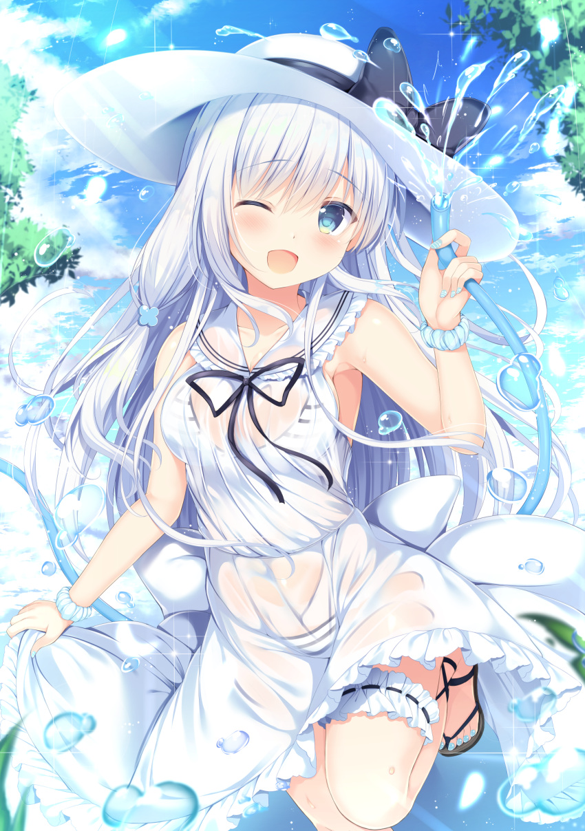 1girl ;d bangs bikini bikini_under_clothes black_bow blue_eyes blue_nails blue_sky blush bow breasts brown_footwear clouds commentary_request day dress eyebrows_visible_through_hair hair_between_eyes hat hat_bow highres holding holding_hose hose leg_garter long_hair medium_breasts moe2018 nail_polish one_eye_closed open_mouth original outdoors sandals scrunchie see-through silver_hair skirt_hold sky sleeveless sleeveless_dress smile solo standing standing_on_one_leg striped striped_bikini sun_hat swimsuit toenail_polish toenails tomoo_(tomo) very_long_hair water wet wet_clothes wet_dress white_dress white_hat wrist_scrunchie