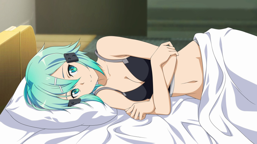 aqua_hair bed bedroom breasts cleavage collarbone crop_top crossed_arms from_side game_cg green_eyes groin hair_between_eyes hair_ornament hairclip highres indoors looking_at_viewer lying medium_breasts midriff navel official_art on_side pillow shinon_(sao) short_hair_with_long_locks sidelocks smile stomach sword_art_online