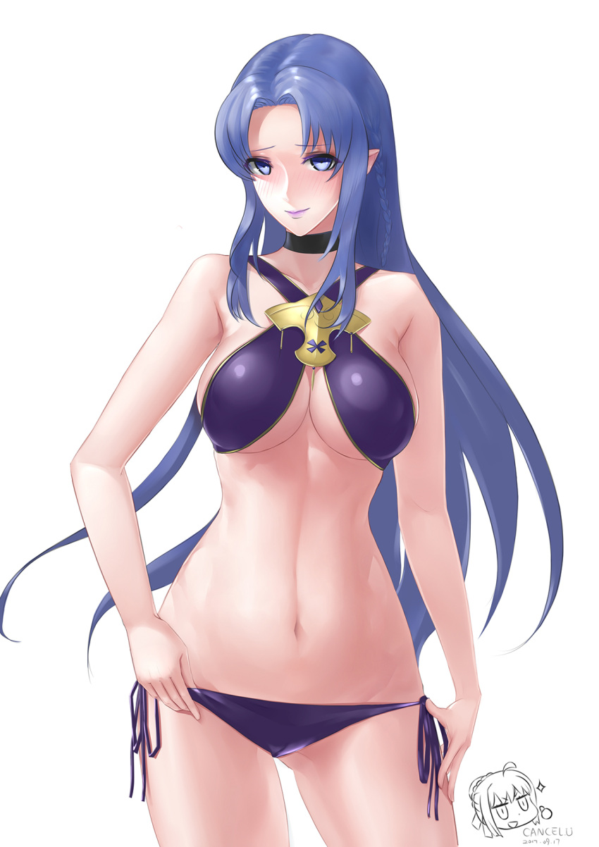 1girl adjusting_clothes adjusting_swimsuit artist_name artoria_pendragon_(all) bikini blue_eyes blue_hair braid breasts cancelu caster chibi_inset choker dated fate/grand_order fate_(series) hand_on_hip highres lipstick long_hair looking_at_viewer makeup pointy_ears purple_bikini purple_lipstick saber side-tie_bikini side_braid solo swimsuit under_boob