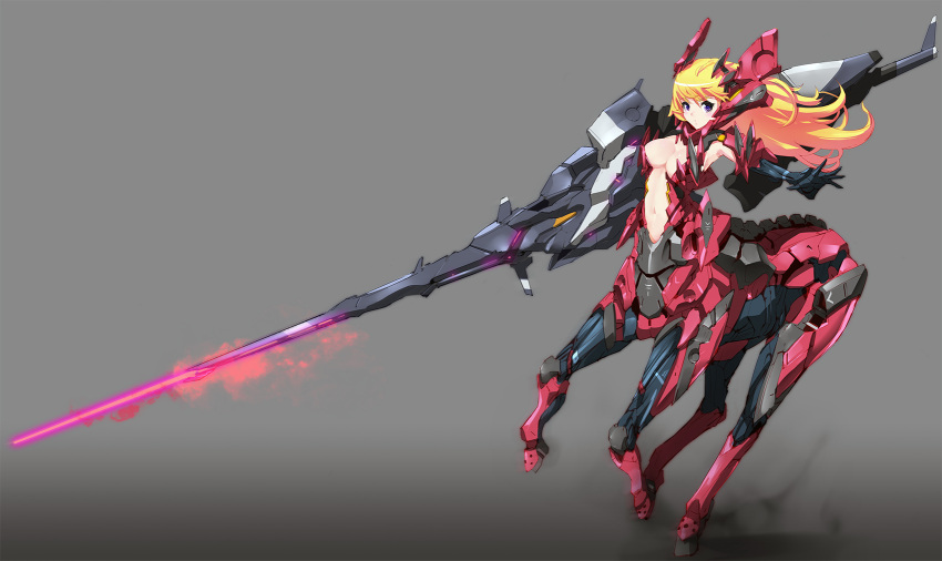 1girl blonde_hair breasts centaur cleavage cyborg expressionless eyebrows_visible_through_hair full_body grey_background highres inawata lance long_hair looking_at_viewer mecha_musume navel original polearm simple_background solo violet_eyes weapon