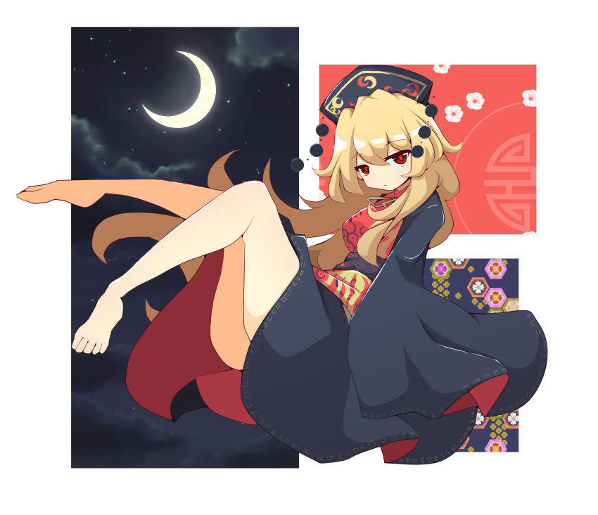 1girl bare_legs barefoot black_dress blonde_hair chinese_clothes commentary dress hat highres junko_(touhou) long_hair long_sleeves looking_at_viewer moon nagaresimasu night night_sky no_panties red_eyes sky solo tabard thighs touhou wide_sleeves