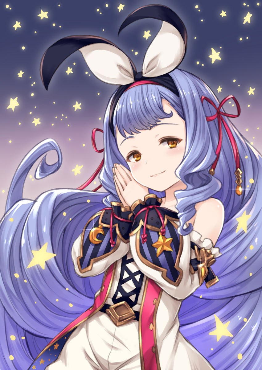 1girl absurdres bare_shoulders betor_(granblue_fantasy) black_ribbon blush brown_eyes closed_mouth detached_sleeves dress frilled_sleeves frills gradient gradient_background granblue_fantasy hair_ribbon head_tilt highres long_hair long_sleeves looking_at_viewer own_hands_together purple_hair red_ribbon ribbon smile solo star tomo_(user_hes4085) very_long_hair