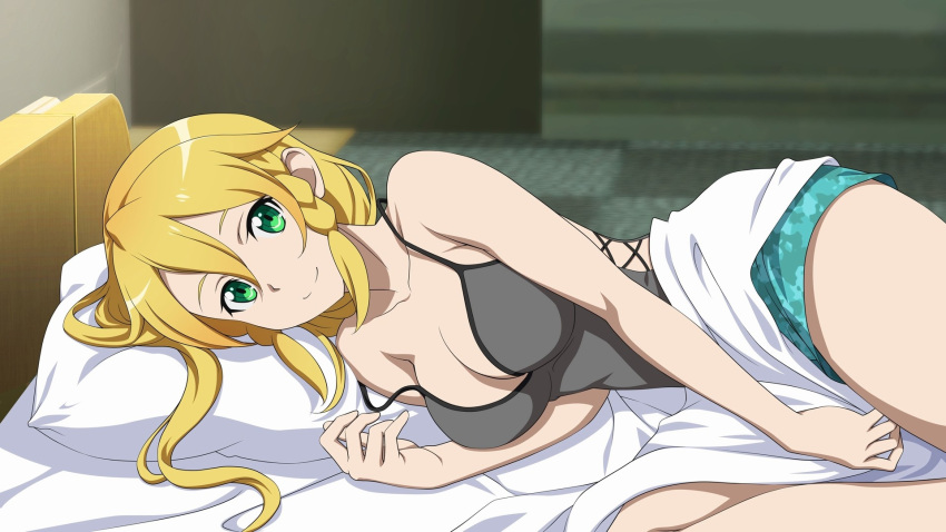 1girl bed bedroom blonde_hair blue_shorts breasts cleavage from_side game_cg green_eyes grey_shirt hair_between_eyes highres indoors large_breasts leafa long_hair lying off_shoulder official_art on_side pillow shirt short_shorts shorts side_braids sideboob sidelocks sleeveless sleeveless_shirt smile solo sword_art_online