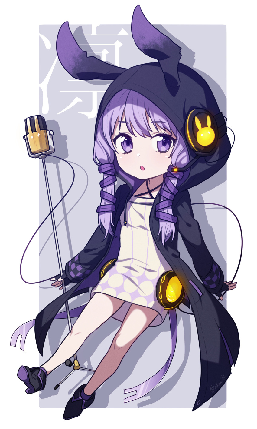 1girl absurdres ai_kusunoki animal_hood background_text black_footwear black_gloves blush bunny_hood checkered criss-cross_halter dress eyebrows_visible_through_hair fingerless_gloves full_body gloves halterneck headphones highres holding hood hood_up hoodie long_sleeves looking_at_viewer microphone microphone_stand o open_clothes open_hoodie open_mouth purple_hair short_hair_with_long_locks sidelocks solo twitter_username two-tone_background violet_eyes vocaloid voiceroid white_dress yuzuki_yukari