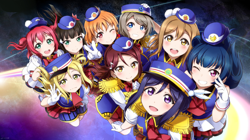 6+girls :d ;d black_hair blonde_hair blue_hair blue_hat blue_shorts blush brown_hair eyebrows_visible_through_hair floating_hair from_above gloves green_eyes grin hair_between_eyes hand_on_headwear happy_party_train hat highres kunikida_hanamaru kurosawa_dia kurosawa_ruby long_hair looking_at_viewer looking_up love_live! love_live!_sunshine!! matsuura_kanan mini_hat multiple_girls musical_note_hair_ornament necktie ohara_mari one_eye_closed open_mouth orange_hair pink_eyes purple_hair red_eyes red_neckwear redhead sakurauchi_riko shiimai short_hair short_shorts shorts sidelocks smile striped striped_shorts takami_chika tsushima_yoshiko v violet_eyes watanabe_you white_gloves yellow_eyes