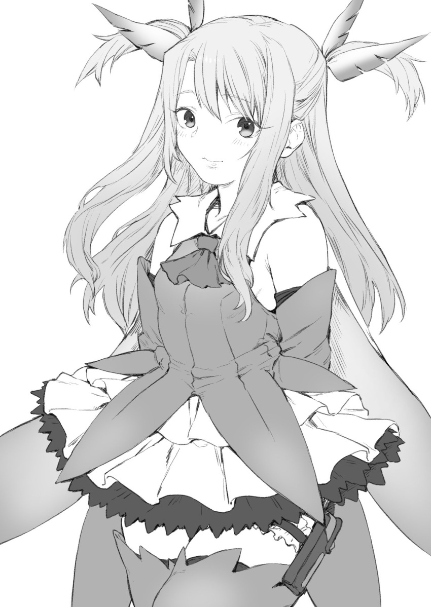 1girl bare_shoulders boots cape dress elbow_gloves fate/kaleid_liner_prisma_illya fate_(series) feather_hair gloves greyscale highres illyasviel_von_einzbern long_hair looking_at_viewer monochrome no_nose simple_background skirt solo thigh-highs thigh_boots toriudonda zettai_ryouiki