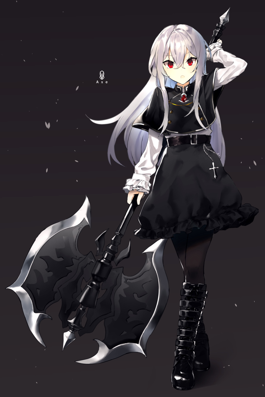 1girl arm_up axe bangs battle_axe belt black_footwear black_legwear black_skirt boots capelet chamnaitu cross eyebrows_visible_through_hair frilled_sleeves frills full_body gem grey_background hair_between_eyes highres holding holding_weapon long_hair long_sleeves looking_at_viewer open_mouth original pantyhose red_eyes shirt skirt solo standing weapon white_hair white_shirt