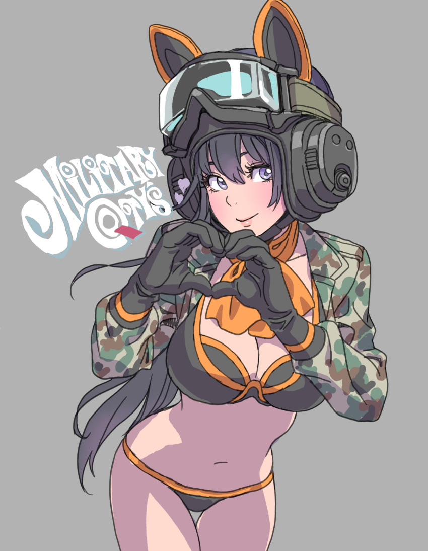 1girl bangs bikini black_hair breasts camouflage choker cleavage commentary_request cropped_jacket gloves goggles goggles_on_head grey_background headphones heart heart_hands helmet highres jacket lips long_hair long_sleeves looking_to_the_side medium_breasts military_qty's navel original simple_background solo swimsuit violet_eyes yamashita_shun'ya