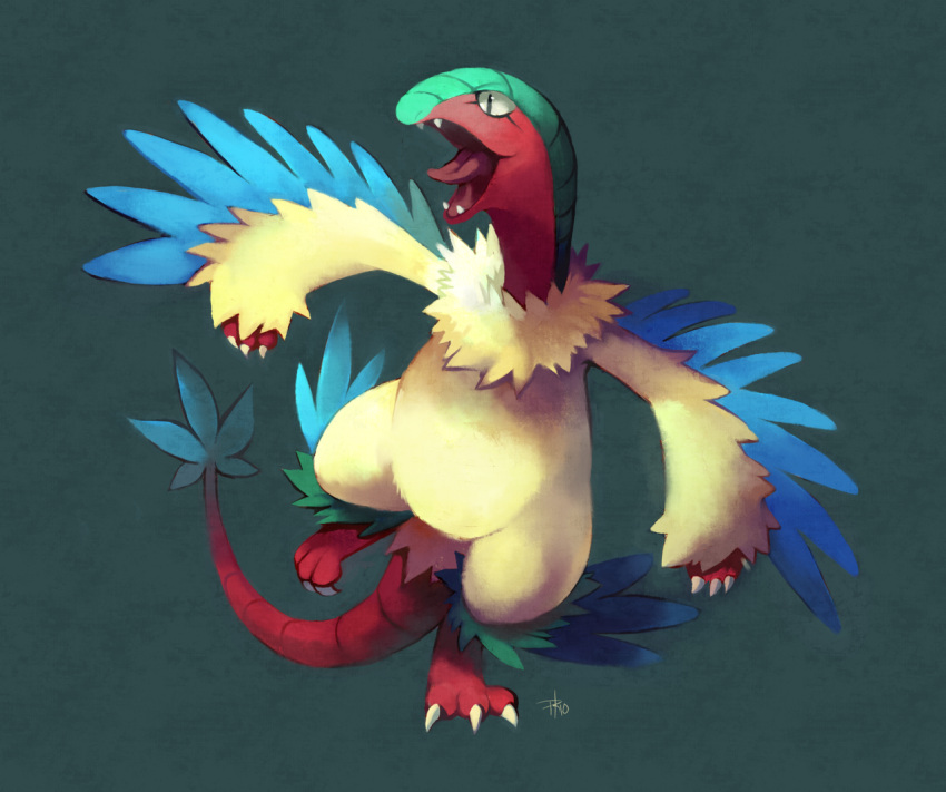 archeops arms_up claws commission creature fangs glitchedpuppet grey_background image_sample looking_away looking_to_the_side no_humans open_mouth outstretched_arms pokemon pokemon_(creature) pokemon_(game) pokemon_bw solo tongue wings